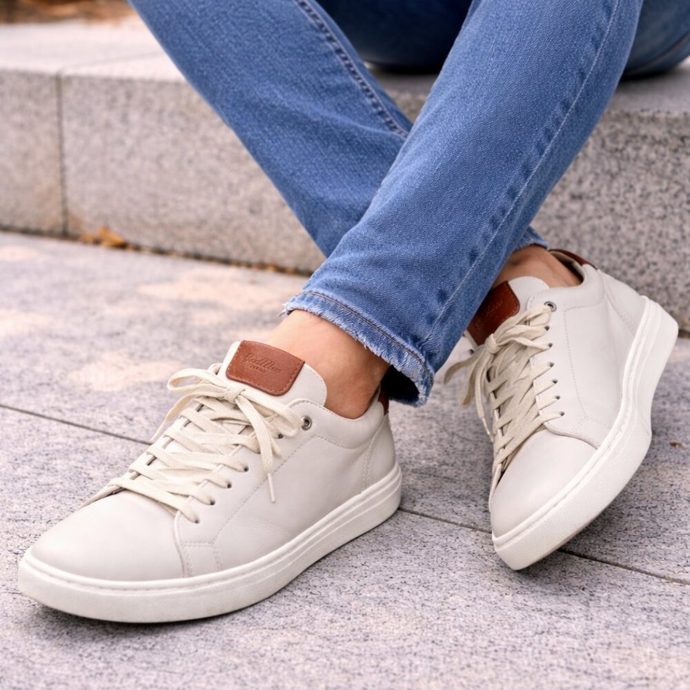 GoodMan Brand Men’s Size 13 Cream Leather Sneakers | Brown Accent Casual Shoes